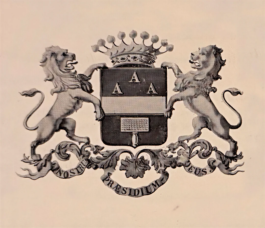 Coat of arms of the le Grelle family, with the motto Nostrum Praesidium Deus